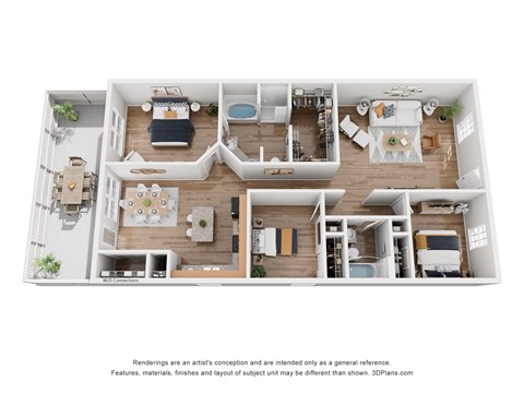 A 3D floor plan of a house with a kitchen, living room, and bedrooms.